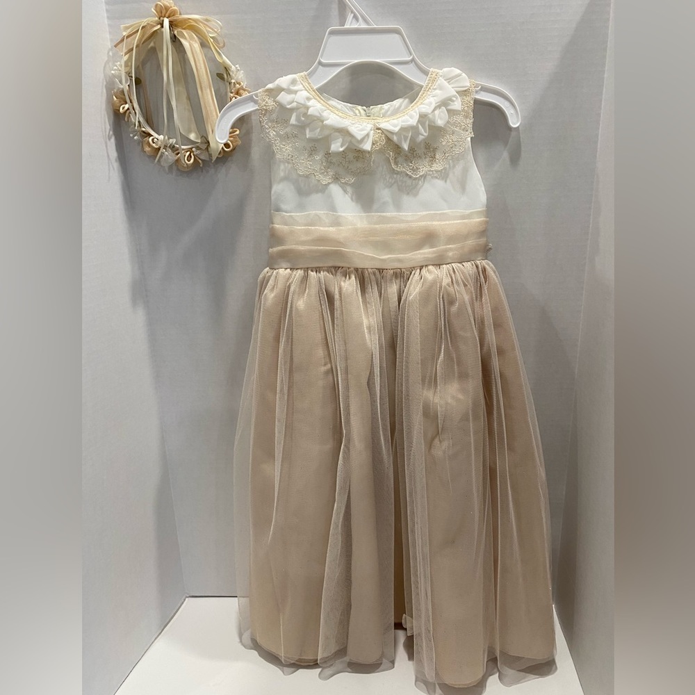 Girls dress, beige & taupe, size 6, lace trim color, matching head piece